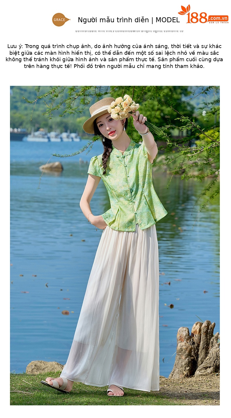 Bộ quần áo nữ mùa hè 2026 sơ mi cổ đứng họa tiết jacquard + quần ống đứng hai mảnh ZQ620 — Màu ảnh chi tiết 13