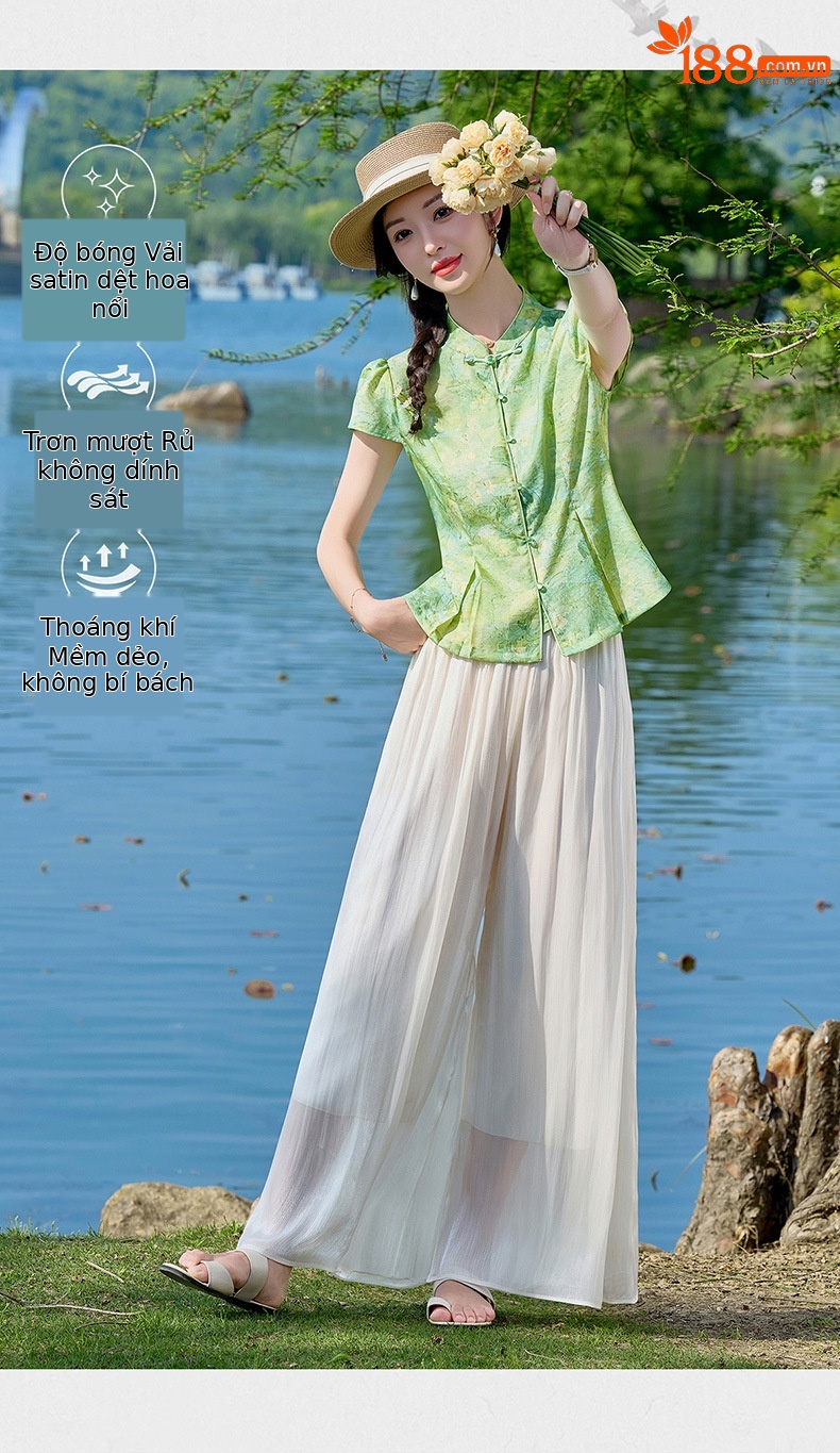 Bộ quần áo nữ mùa hè 2026 sơ mi cổ đứng họa tiết jacquard + quần ống đứng hai mảnh ZQ620 — Màu ảnh chi tiết 4