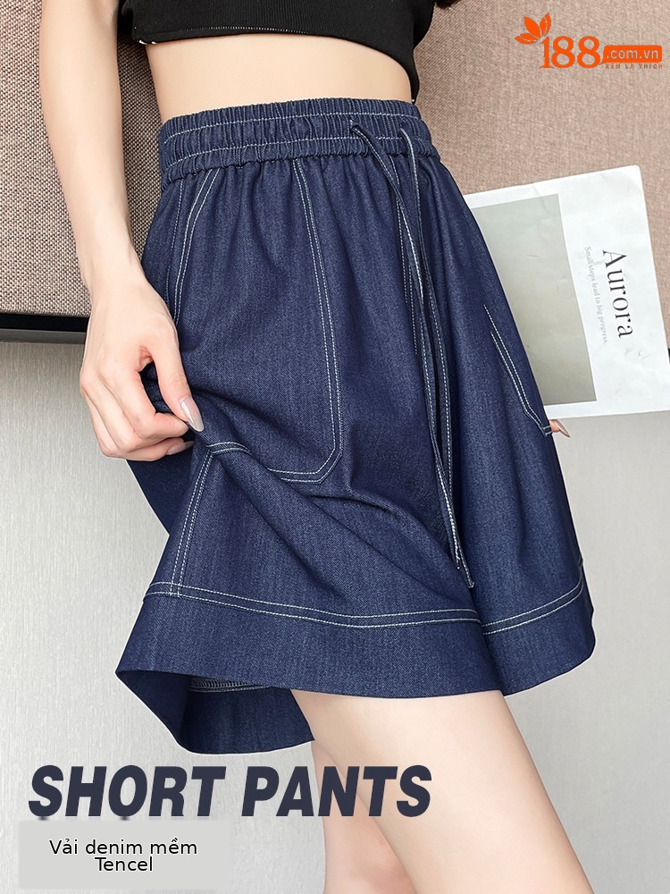 Quần short jean nữ lưng cao ống rộng chất liệu tơ tằm mát mẻ — màu xanh nhạt