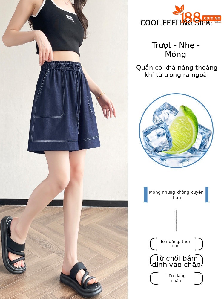 Quần short jean nữ lưng cao ống rộng chất liệu tơ tằm mát mẻ — màu xanh nhạt