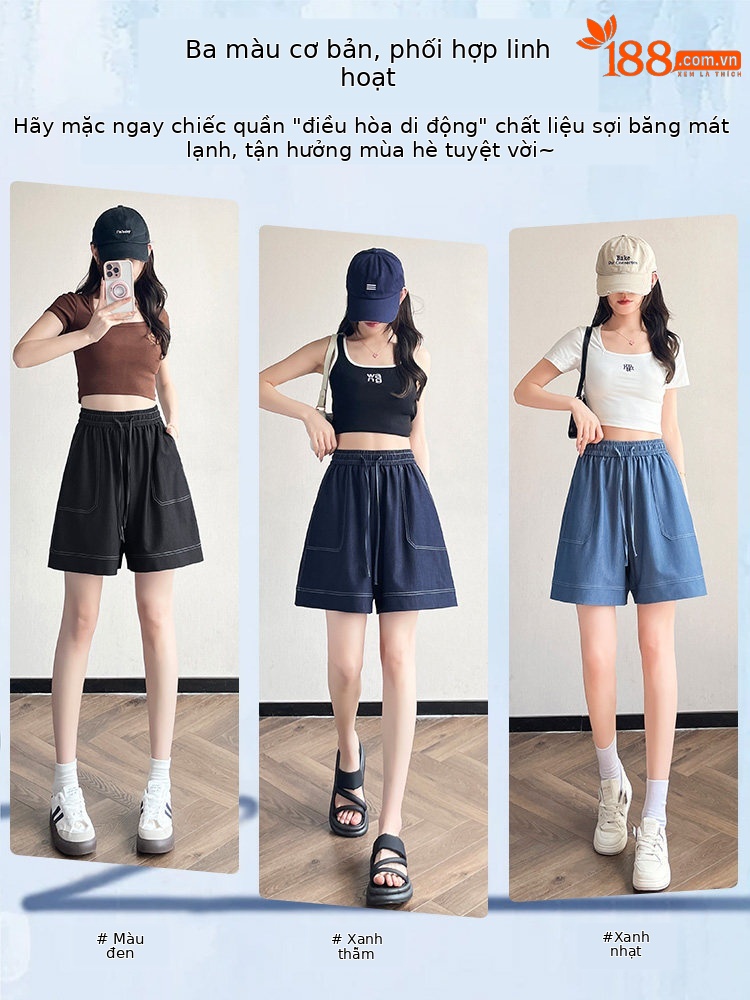 Quần short jean nữ lưng cao ống rộng chất liệu tơ tằm mát mẻ — màu xanh nhạt