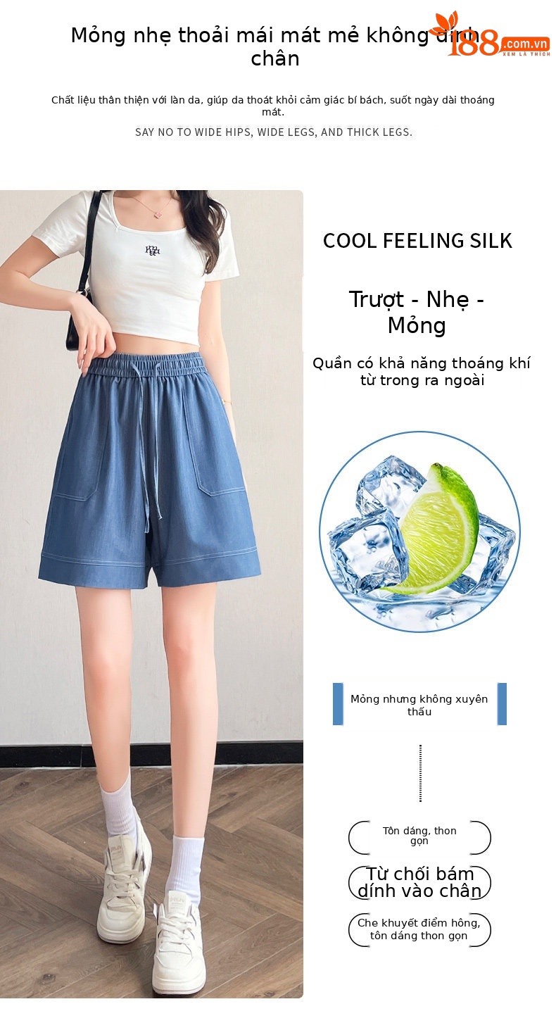 Quần short jean nữ lưng cao ống rộng chất liệu tơ tằm mát mẻ — màu xanh nhạt chi tiết 6