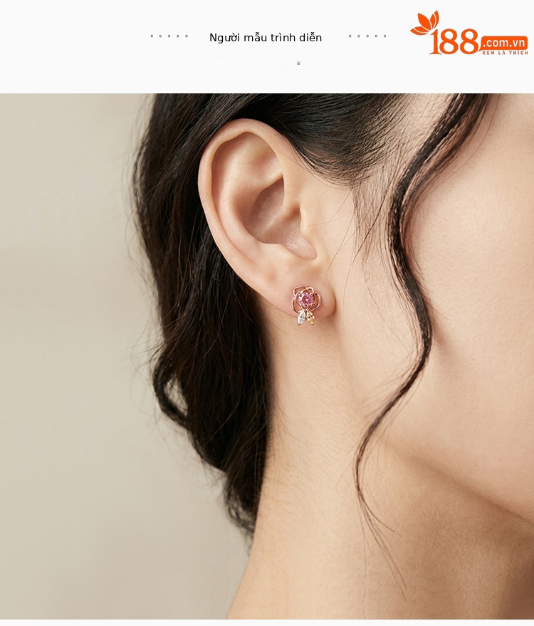 Bông tai bạc S925 mạ vàng hồng đính đá tourmaline hình hoa hồng nhỏ xinh — Một đôi chi tiết 6