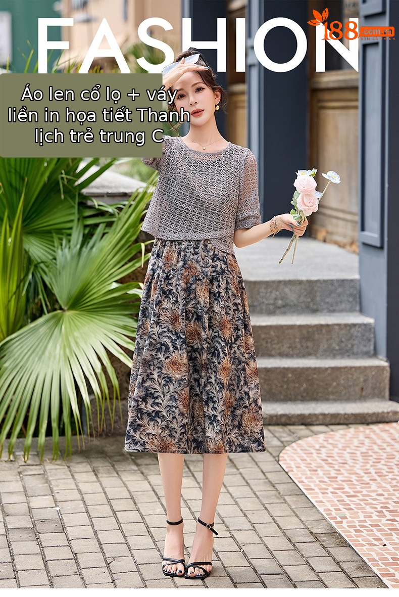 Đầm hai dây maxi nữ họa tiết hoa nhí phối ren WA9518 — Xanh lông mòng đen, màu kaki chi tiết 1