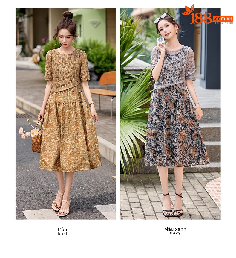Đầm hai dây maxi nữ họa tiết hoa nhí phối ren WA9518 — Xanh lông mòng đen, màu kaki chi tiết 11