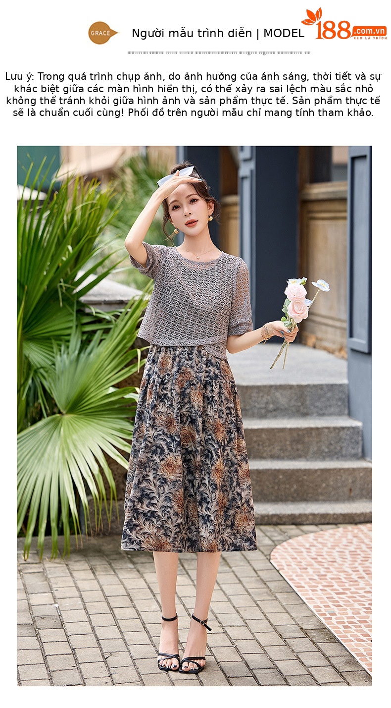Đầm hai dây maxi nữ họa tiết hoa nhí phối ren WA9518 — Xanh lông mòng đen, màu kaki chi tiết 12