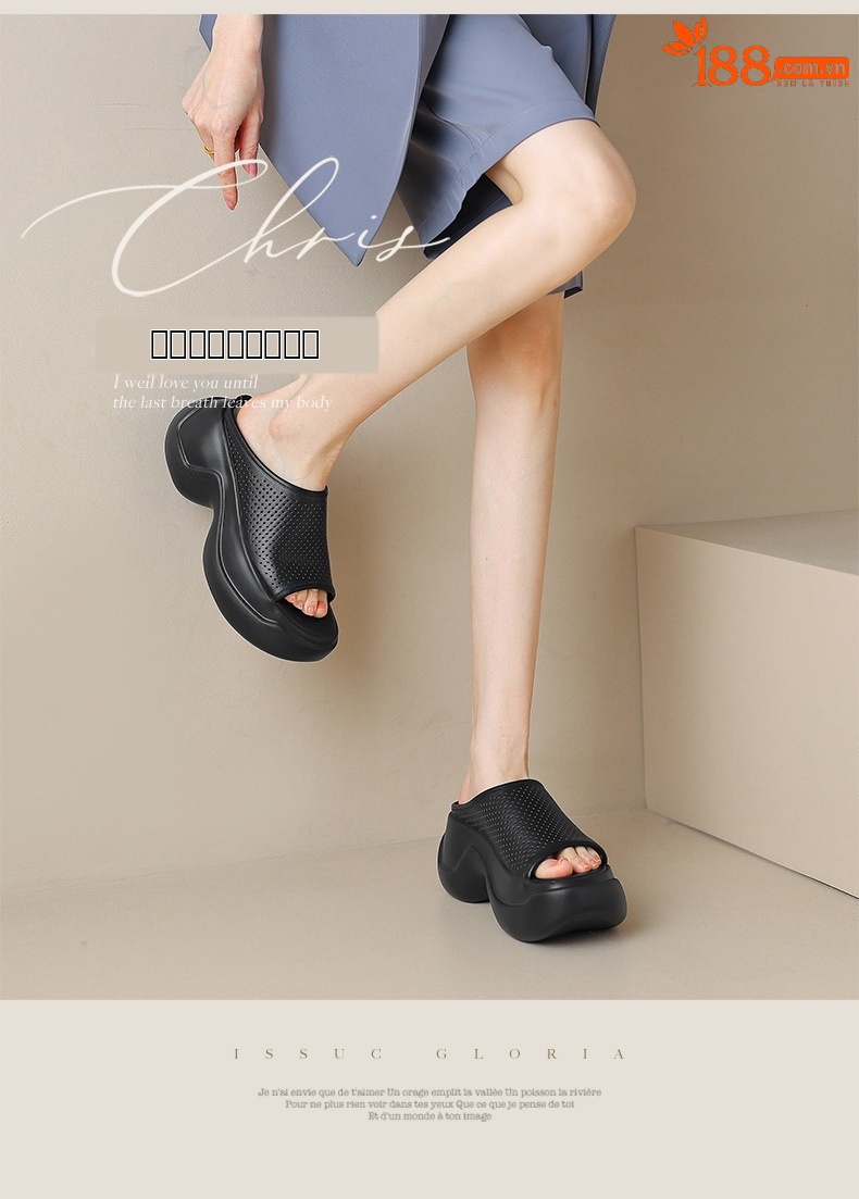 Dép sandal nữ xỏ ngón đế bệt da thật lỗ thoáng khí mùa hè — màu đen, màu trắng ngà chi tiết 1