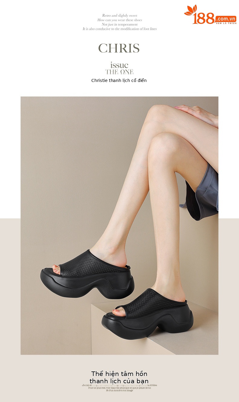 Dép sandal nữ xỏ ngón đế bệt da thật lỗ thoáng khí mùa hè — màu đen, màu trắng ngà chi tiết 6