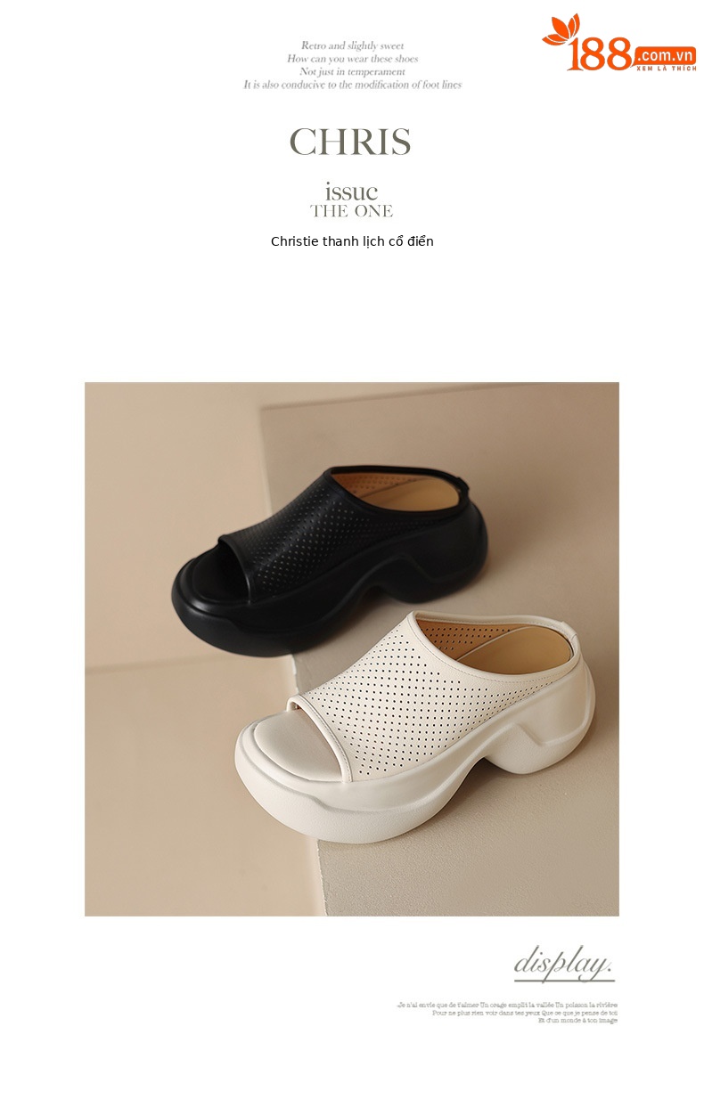 Dép sandal nữ xỏ ngón đế bệt da thật lỗ thoáng khí mùa hè — màu đen, màu trắng ngà chi tiết 11