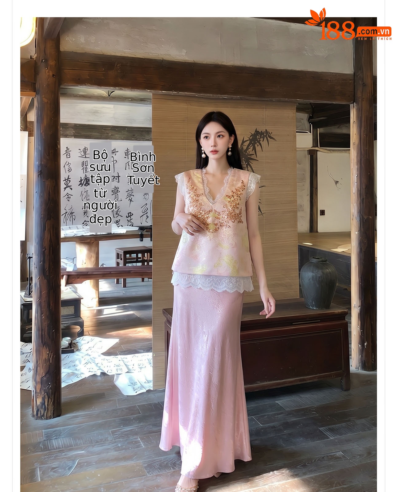 Bộ áo gi lê ngắn không tay + váy ren dây mảnh phong cách tân cổ điển họa tiết thêu hạt — Gạo trắng Sling, Bộ ba mảnh, Áo gi lê màu hồng, màu hồng nửa váy chi tiết 8