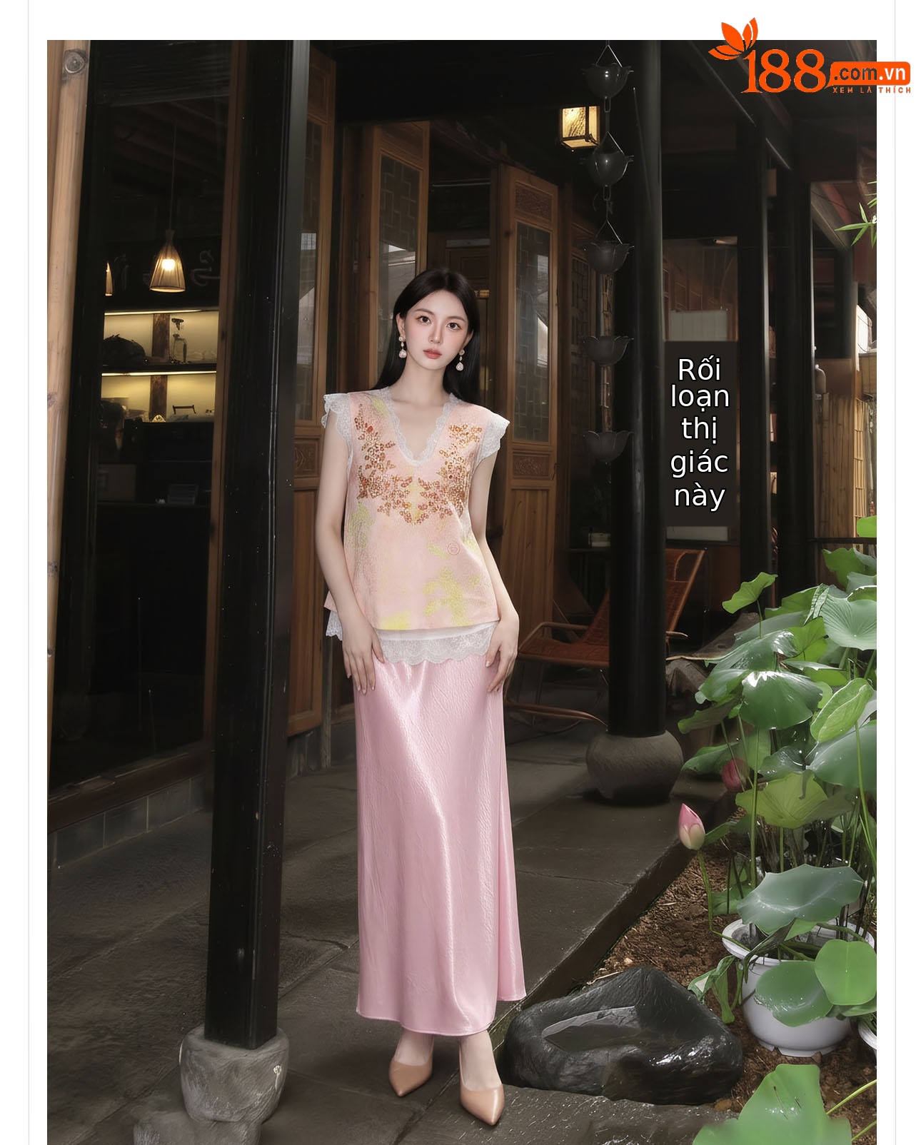 Bộ áo gi lê ngắn không tay + váy ren dây mảnh phong cách tân cổ điển họa tiết thêu hạt — Gạo trắng Sling, Bộ ba mảnh, Áo gi lê màu hồng, màu hồng nửa váy chi tiết 11