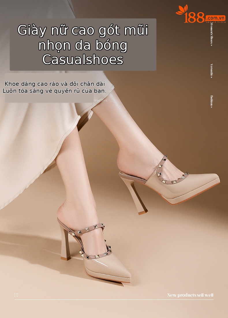 Sandal cao gót nữ mũi nhọn quai ngang đinh tán đế xuồng gót 10 cm — Màu da-10cm chi tiết 1