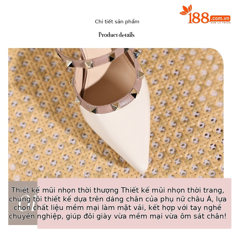 Sandal cao gót nữ mũi nhọn quai ngang đinh tán đế xuồng gót 10 cm — Màu da-10cm chi tiết 3