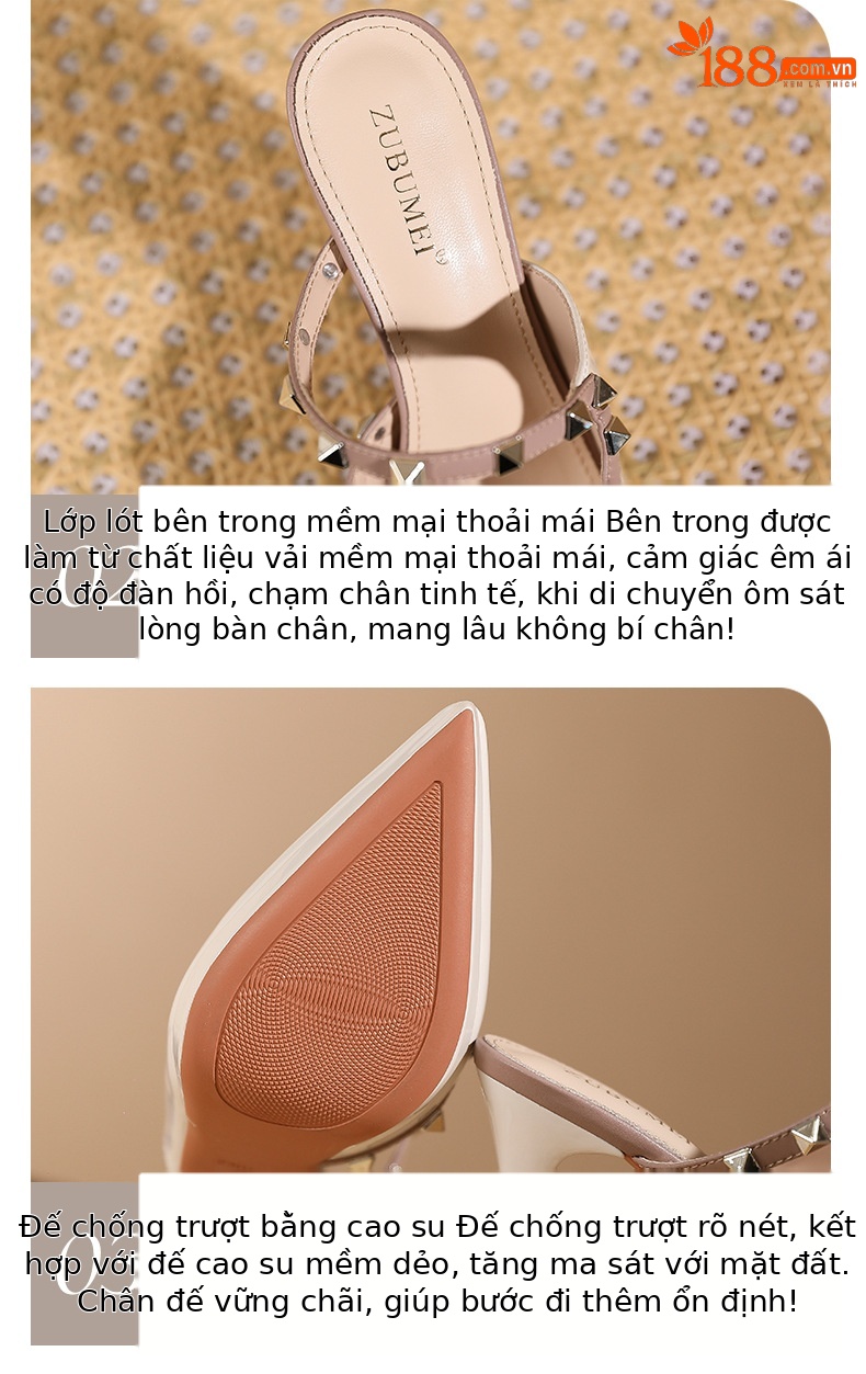Sandal cao gót nữ mũi nhọn quai ngang đinh tán đế xuồng gót 10 cm — Màu da-10cm chi tiết 4