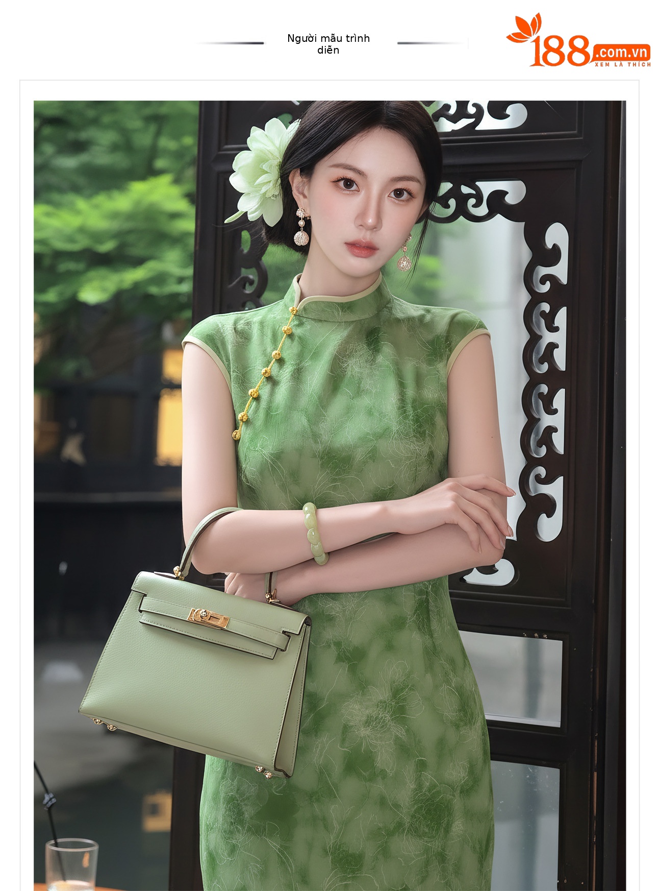 Đầm maxi nữ thắt eo cổ đứng tay dài họa tiết loang màu phong cách Tân Trung Hoa — Xanh lá cây nhạtcolor chi tiết 1