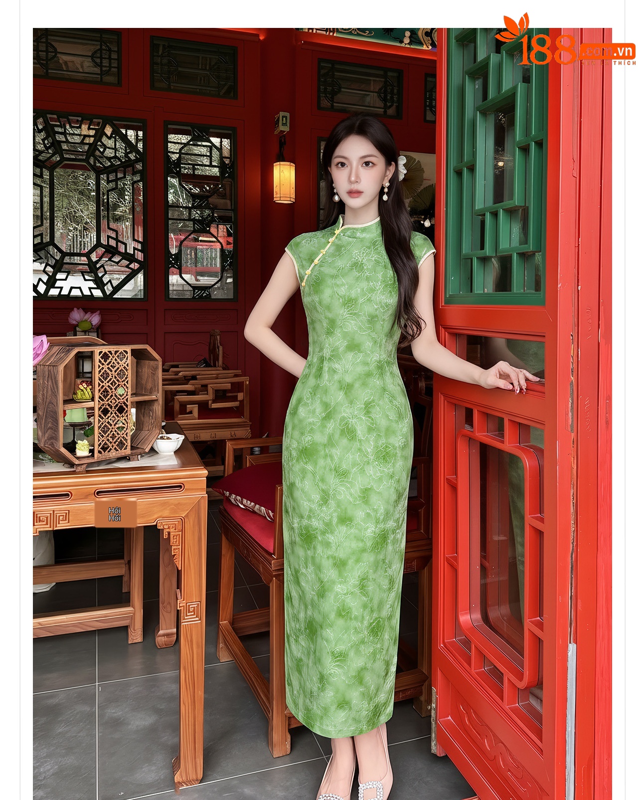 Đầm maxi nữ thắt eo cổ đứng tay dài họa tiết loang màu phong cách Tân Trung Hoa — Xanh lá cây nhạtcolor chi tiết 5