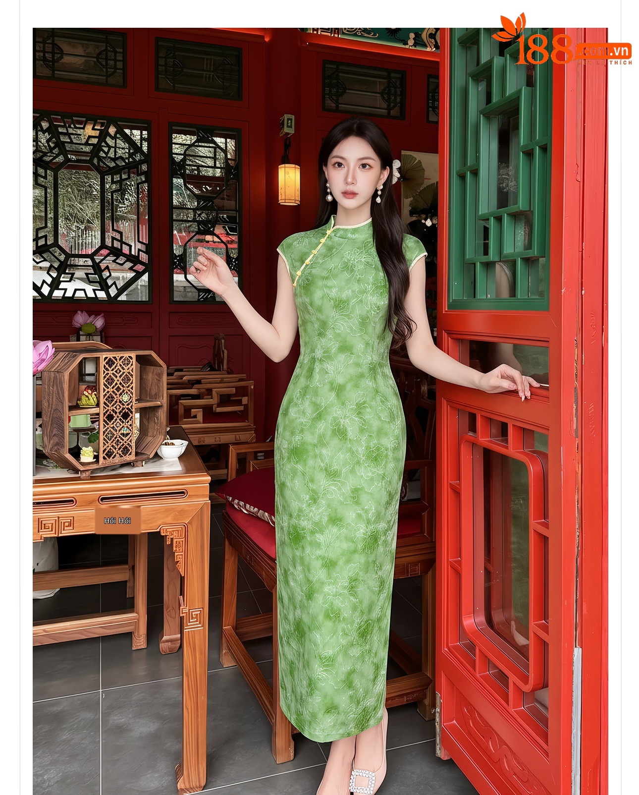 Đầm maxi nữ thắt eo cổ đứng tay dài họa tiết loang màu phong cách Tân Trung Hoa — Xanh lá cây nhạtcolor chi tiết 6