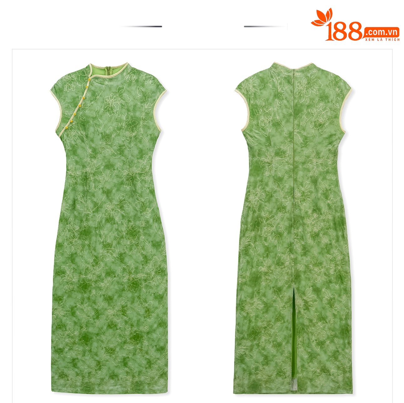 Đầm maxi cổ đứng sườn xám cách tân — Xanh lá cây nhạtcolor chi tiết 17