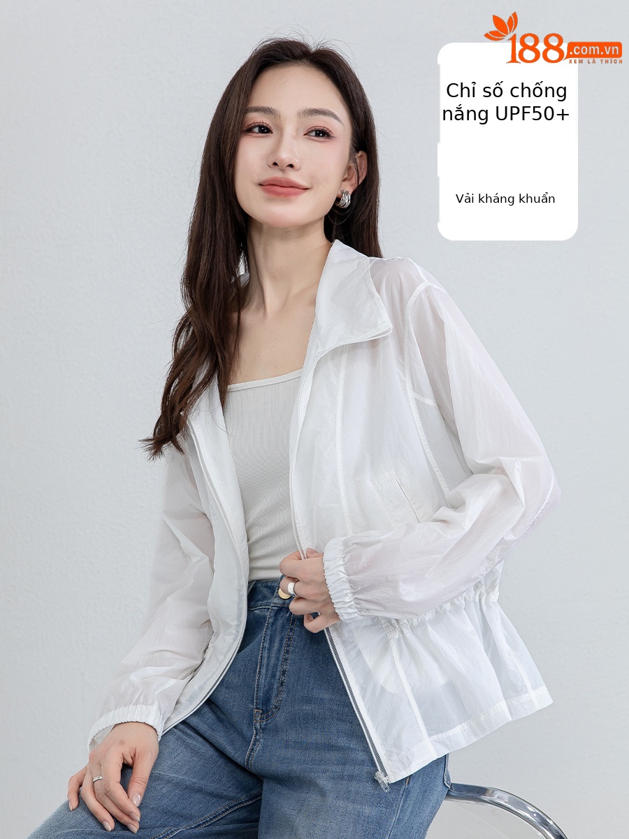 Áo chống nắng nữ dáng dài cổ đứng thắt eo màu xanh da trời — xanh lam