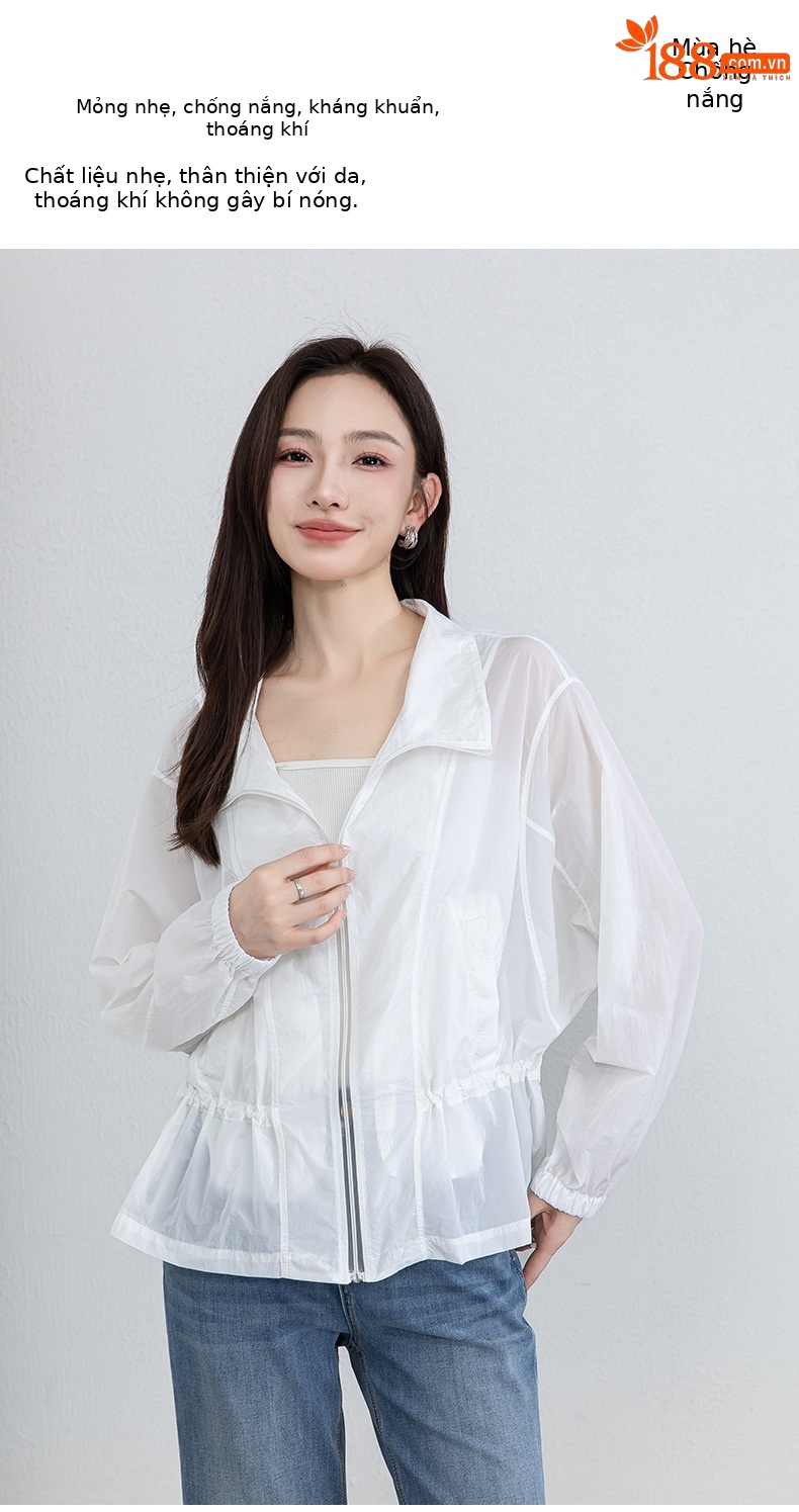 Áo chống nắng nữ dáng dài cổ đứng thắt eo màu xanh da trời — xanh lam chi tiết 1