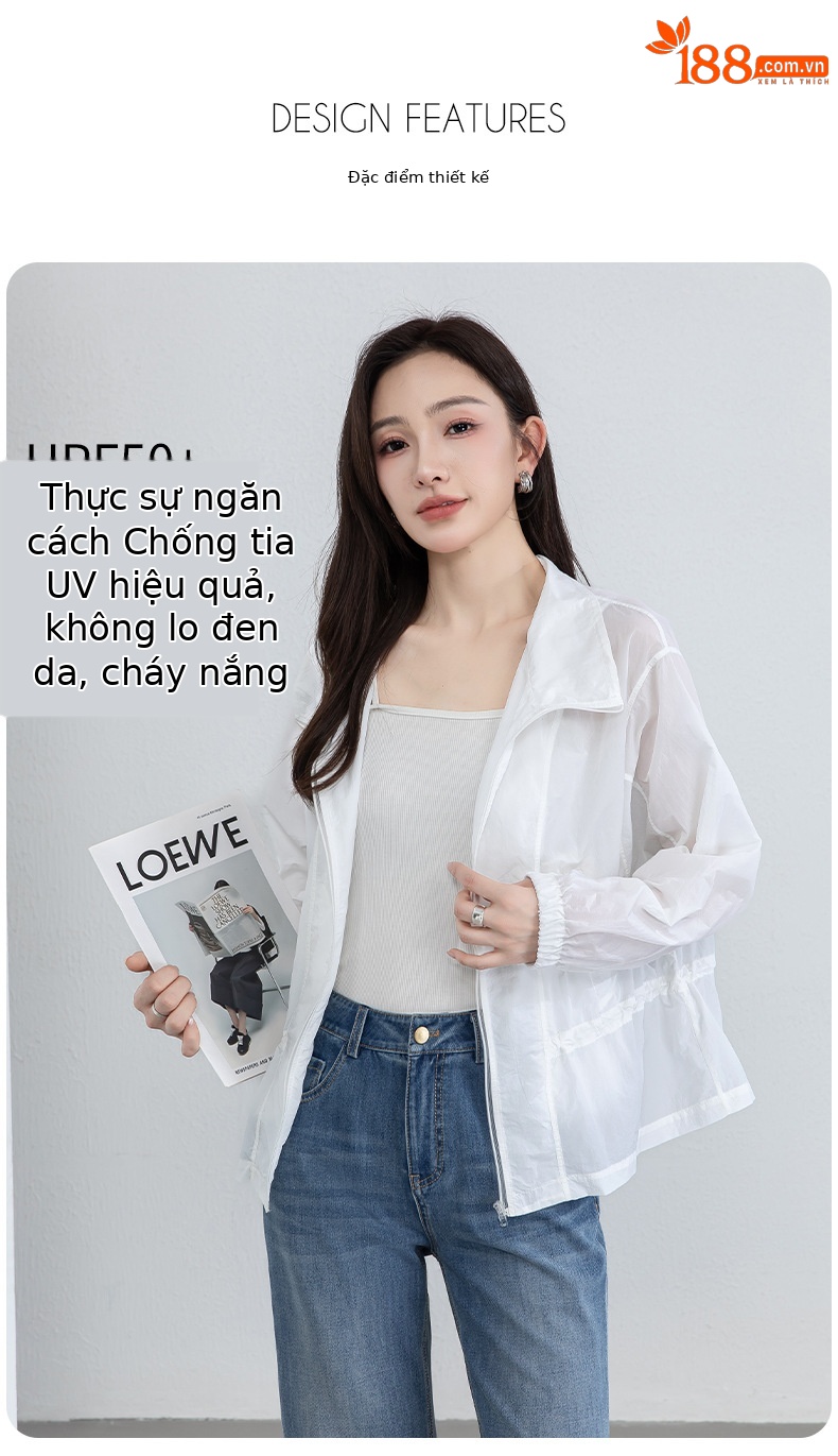 Áo chống nắng nữ dáng dài cổ đứng thắt eo màu xanh da trời — xanh lam chi tiết 10