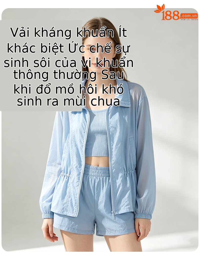 Áo chống nắng nữ dáng dài cổ đứng thắt eo màu xanh da trời — xanh lam chi tiết 11