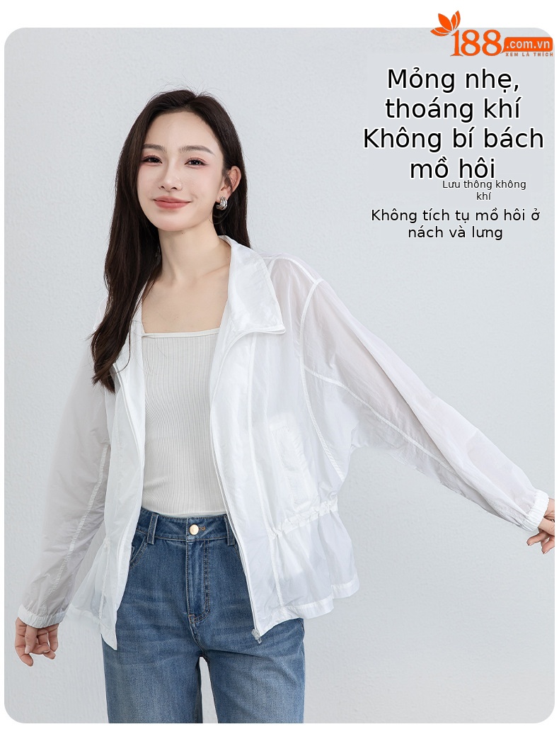 Áo chống nắng nữ dáng dài cổ đứng thắt eo màu xanh da trời — xanh lam chi tiết 12