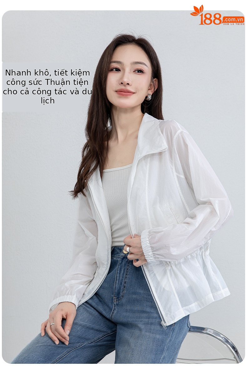 Áo chống nắng nữ dáng dài cổ đứng thắt eo màu xanh da trời — xanh lam chi tiết 14