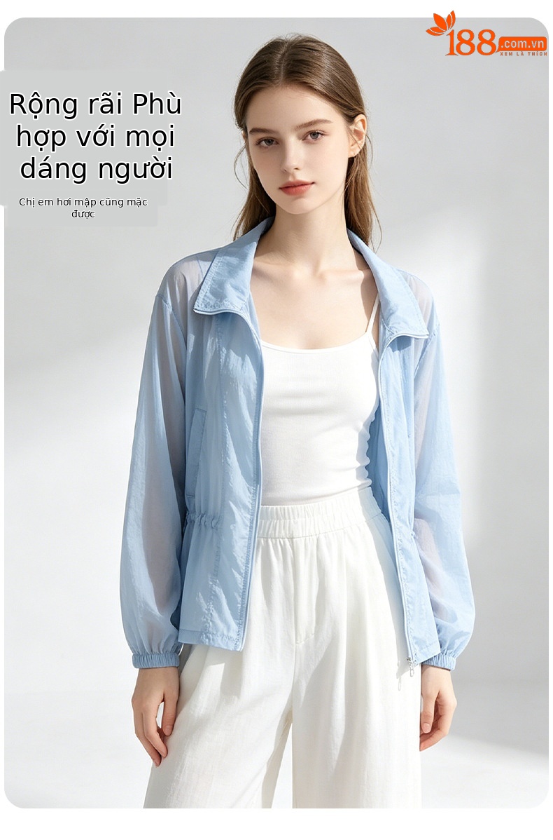 Áo chống nắng nữ dáng dài cổ đứng thắt eo màu xanh da trời — xanh lam chi tiết 15