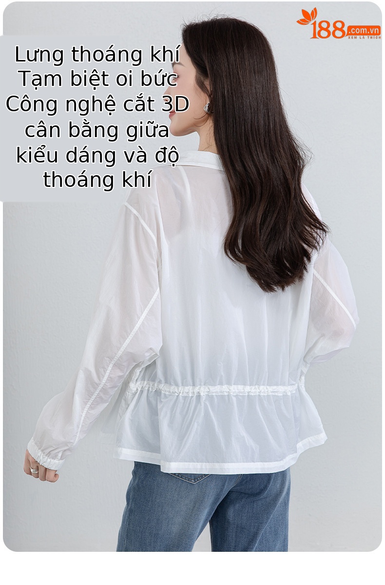 Áo chống nắng nữ dáng dài cổ đứng thắt eo màu xanh da trời — xanh lam chi tiết 16