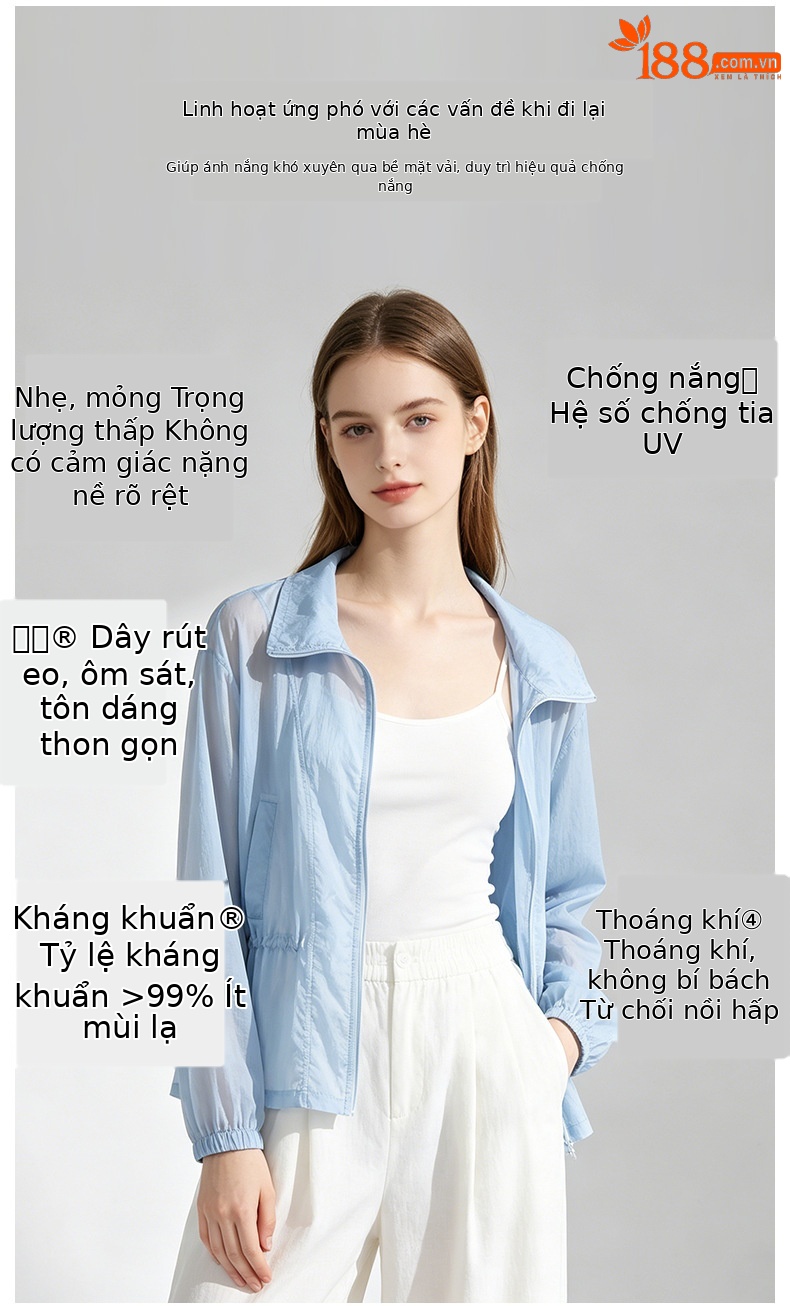 Áo chống nắng nữ dáng dài cổ đứng thắt eo màu xanh da trời — xanh lam chi tiết 3