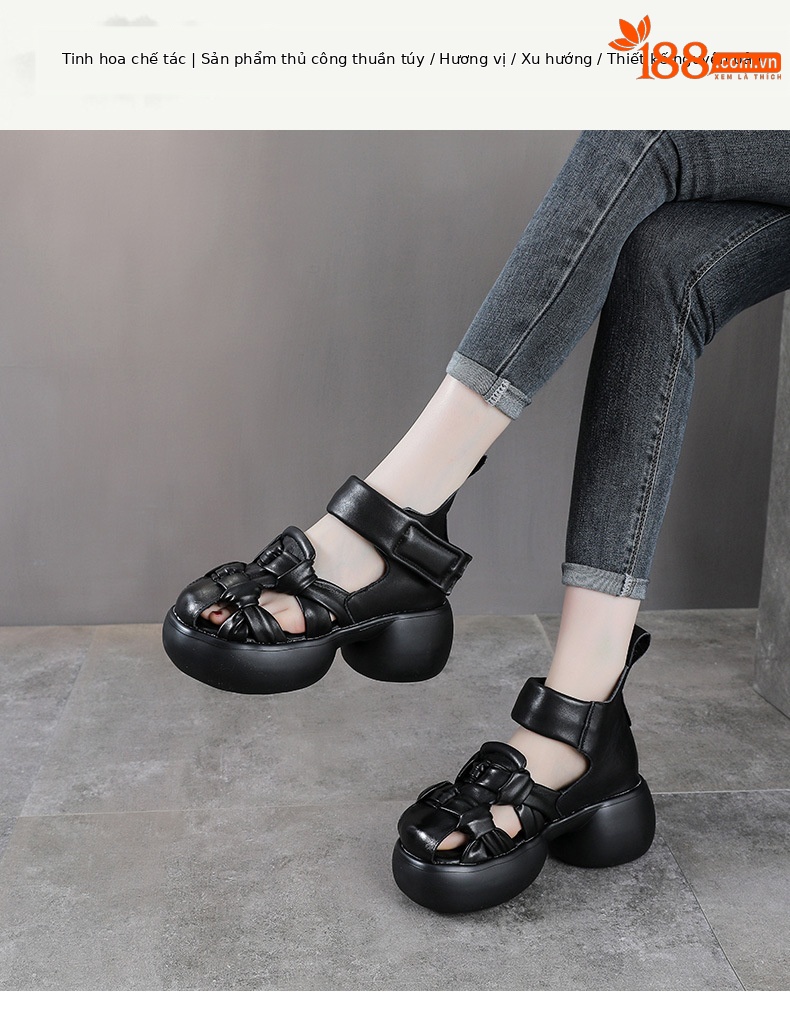 Sandal nữ da bò thật đế xuồng cao gót 9 cm — màu đen chi tiết 1