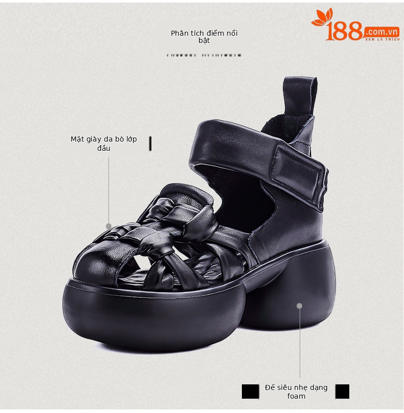 Sandal nữ da bò thật đế xuồng cao gót 9 cm — màu đen chi tiết 3