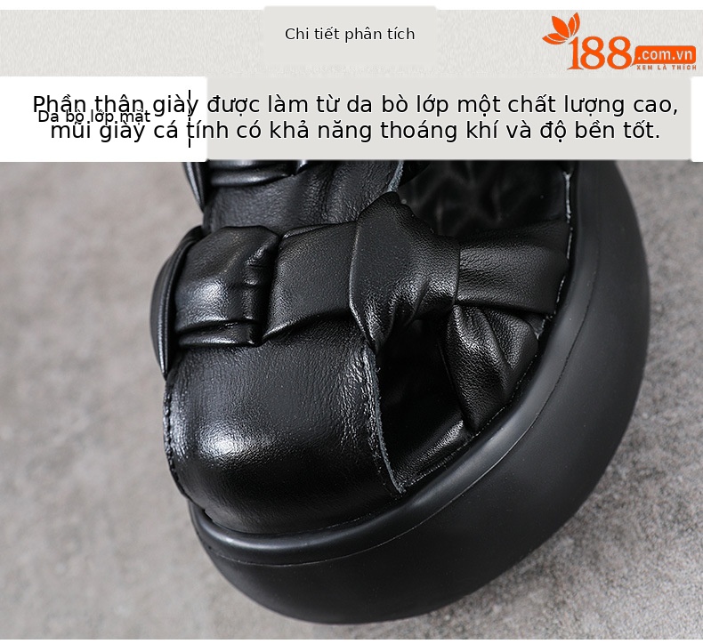 Sandal nữ da bò thật đế xuồng cao gót 9 cm — màu đen chi tiết 4