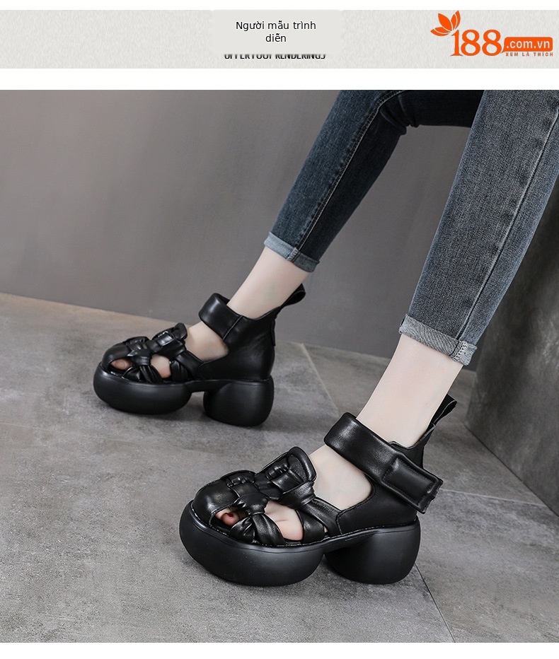 Sandal nữ da bò thật đế xuồng cao gót 9 cm — màu đen chi tiết 9