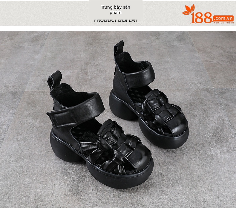 Sandal nữ da bò thật đế xuồng cao gót 9 cm — màu đen chi tiết 10