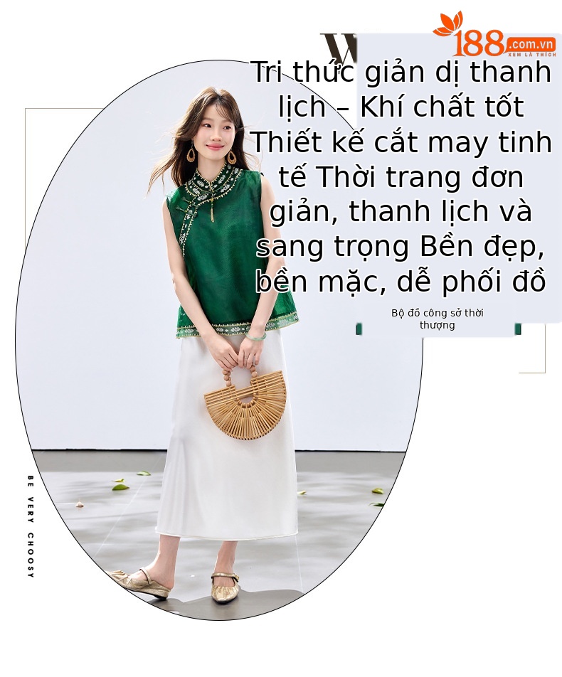 Đầm hai dây kèm áo vest lửng thêu hoa cổ đứng nữ tính — màu hồng đậm, Xanh lục chi tiết 2