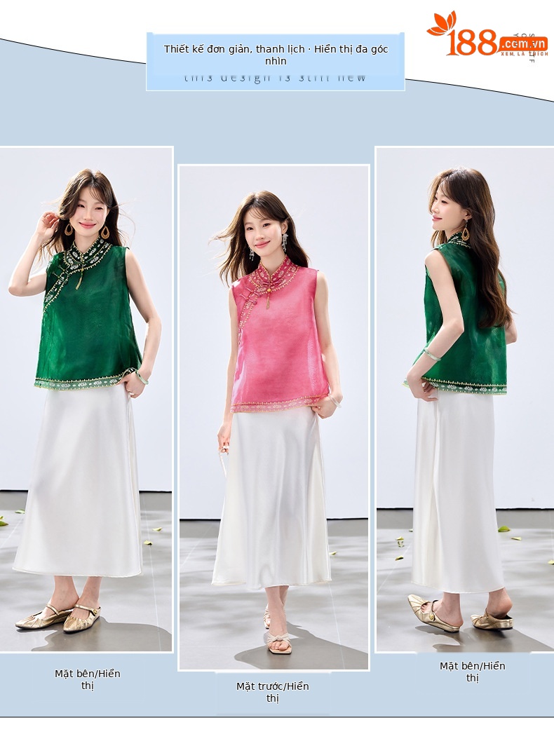 Đầm hai dây kèm áo vest lửng thêu hoa cổ đứng nữ tính — màu hồng đậm, Xanh lục chi tiết 3