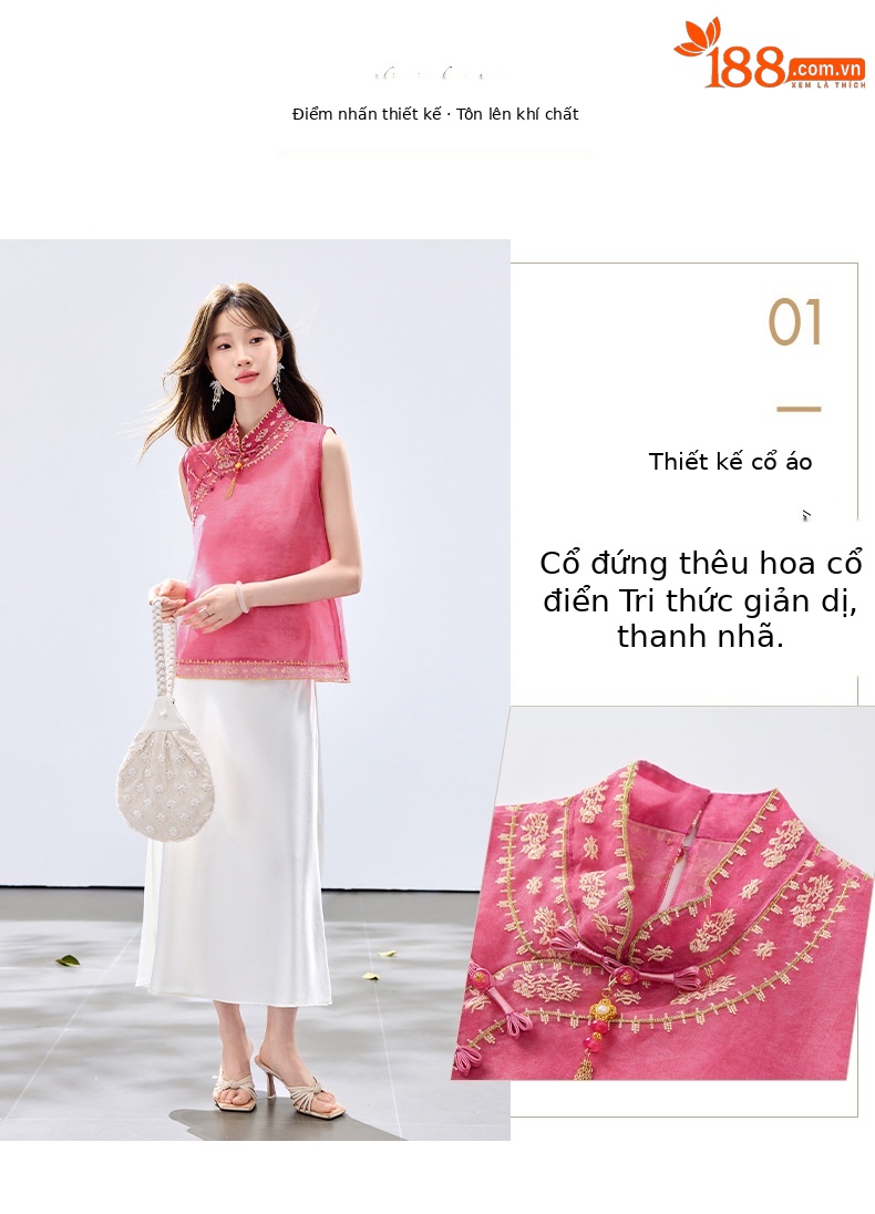 Đầm hai dây kèm áo vest lửng thêu hoa cổ đứng nữ tính — màu hồng đậm, Xanh lục chi tiết 5