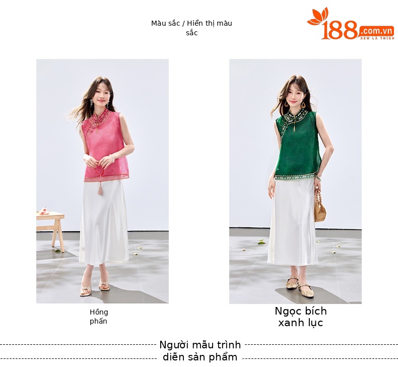Đầm hai dây kèm áo vest lửng thêu hoa cổ đứng nữ tính — màu hồng đậm, Xanh lục chi tiết 8