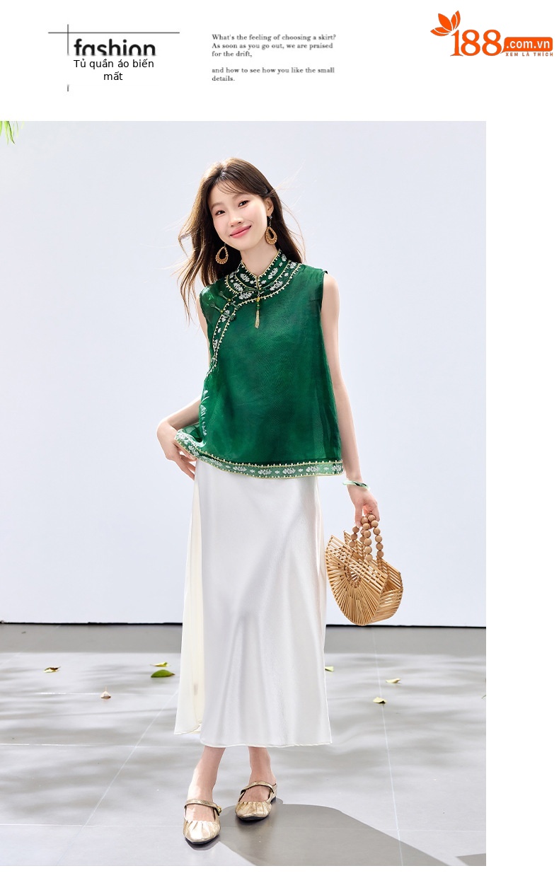 Đầm hai dây kèm áo vest lửng thêu hoa cổ đứng nữ tính — màu hồng đậm, Xanh lục chi tiết 18