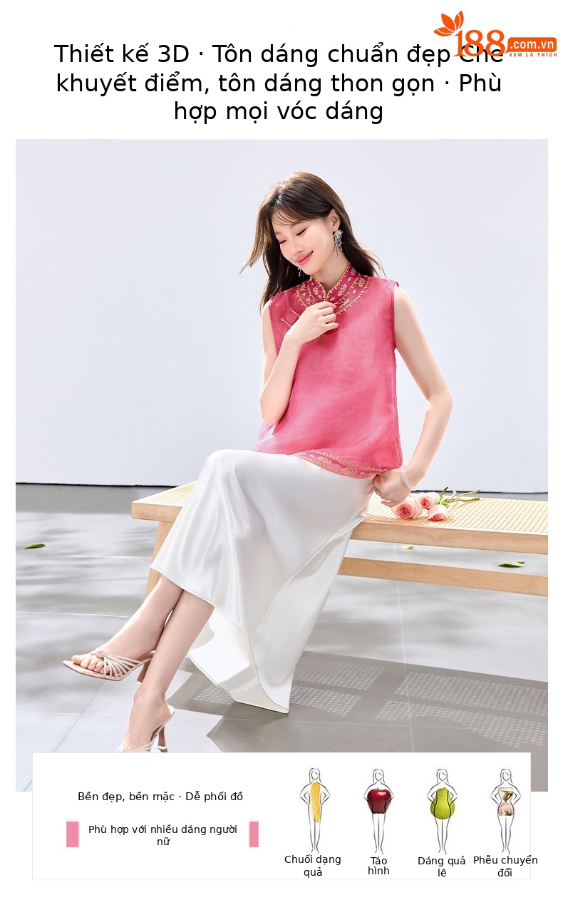 Đầm hai dây kèm áo vest lửng thêu hoa cổ đứng nữ tính — màu hồng đậm, Xanh lục chi tiết 4