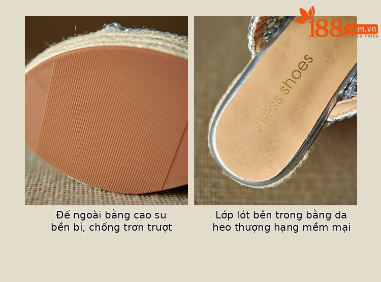 Dép sandal nữ quai chữ V đan rỗng, đế xuồng cao gót, mũi hở kiểu cá sấu — màu vàng, bạc chi tiết 6