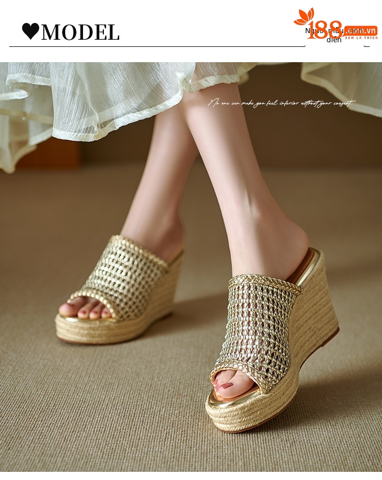Dép sandal nữ quai chữ V đan rỗng, đế xuồng cao gót, mũi hở kiểu cá sấu — màu vàng, bạc chi tiết 8
