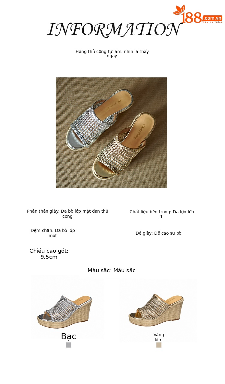 Dép sandal nữ quai chữ V đan rỗng, đế xuồng cao gót, mũi hở kiểu cá sấu — màu vàng, bạc chi tiết 2