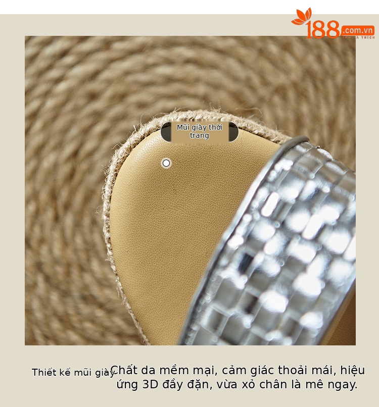 Sandal cao gót nữ quai ngang đan bện màu vàng bạc, đế xuồng đan rơm, gót 9 cm — màu vàng, bạc chi tiết 4