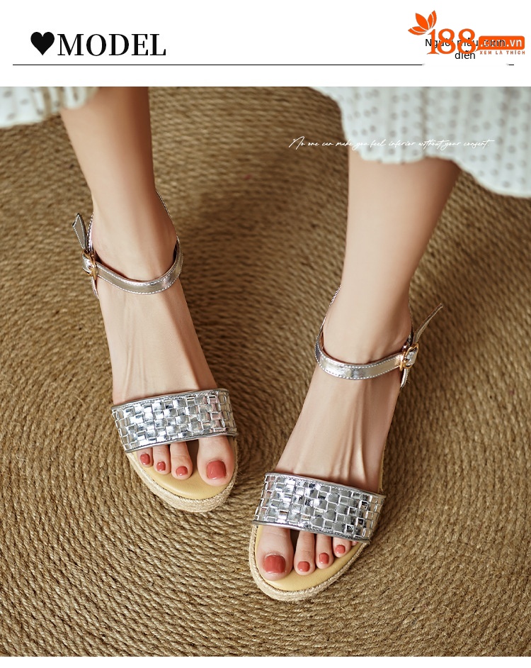 Sandal cao gót nữ quai ngang đan bện màu vàng bạc, đế xuồng đan rơm, gót 9 cm — màu vàng, bạc chi tiết 8