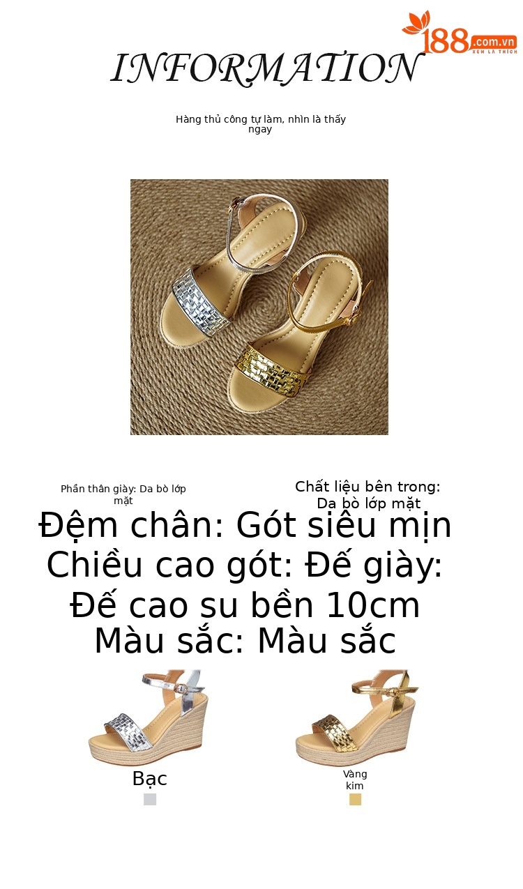 Sandal cao gót nữ quai ngang đan bện màu vàng bạc, đế xuồng đan rơm, gót 9 cm — màu vàng, bạc chi tiết 2