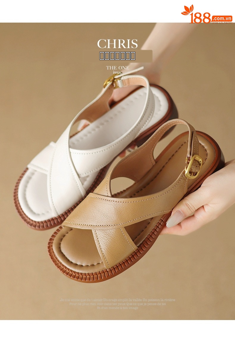 Sandal hở mũi nữ gót thấp 3.5 cm quai chéo da cừu phong cách La Mã — màu trắng ngà chi tiết 1