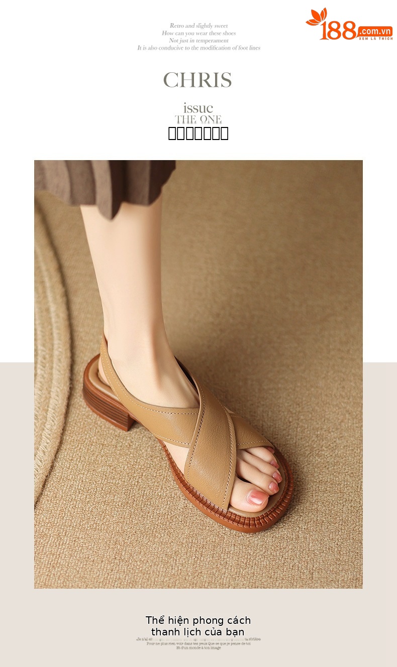 Sandal hở mũi nữ gót thấp 3.5 cm quai chéo da cừu phong cách La Mã — màu trắng ngà chi tiết 6